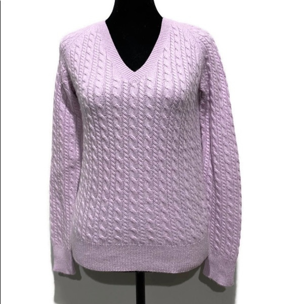 Ann Taylor 100% Cashmere V-Neck Sweater, Cable Knit, Lavender Color, Size XS